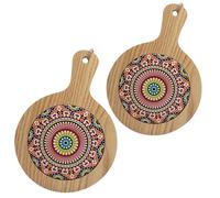 ChicHouse Set 2pcs mini taglieri da cucina in legno con manico ideali per piccoli antipasti, formaggi, salumi o come salva superfici e sottopentola. (2, Fiore turchese, Rotondo 20.5x14.5x1 cm)