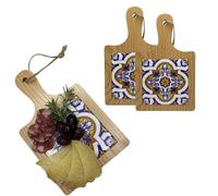 ChicHouse Set 2pcs mini taglieri da cucina in legno con manico ideali per piccoli antipasti, formaggi, salumi o come salva superfici e sottopentola. (2, Decorazione Blu, Quadrato 19.6 x 12.3 x 1 cm)