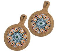 ChicHouse Set 2pcs mini taglieri da cucina in legno con manico ideali per piccoli antipasti, formaggi, salumi o come salva superfici e sottopentola. (2, Fantasia Arancione, Rotondo 20.5x14.5x1 cm)