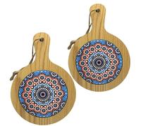 ChicHouse Set 2pcs mini taglieri da cucina in legno con manico ideali per piccoli antipasti, formaggi, salumi o come salva superfici e sottopentola. (2, Fiore Blu, Rotondo 20.5x14.5x1 cm)