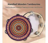 CHICIRIS Tamburo di Tamburi di Tamburi in Legno da 8 Pollici a Mano, Doppia 12pcs di Piatti di Metallo, Strumento a Percussione Portatile per Bambini Adulti, Feste con Motivo Bohémien, Grande (8