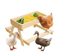 Chicken Picnic Table Feeder, Wooden Mesh Bottom Stand, 14.76x14.76x8.27 Inches No Waste Design, Keeps Feed Dry Fresh, Natural Wood Small Size, for Coop Backyard Farm Poultry Use