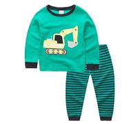 Chickw11 2 Pezzi Pigiama a Maniche Lunghe per Ragazzi e Ragazze Pajama Set 100% Cotone Bambine Ragazzi Stampa Pigiama Set, Regalo per Bambini 2-7 Anni (Escavatore Verde,100cm)