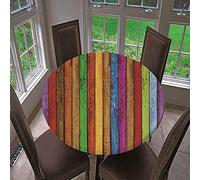 Chickwin Rotonda Tovaglia con Bordo Elastico, Copritavolo Impermeabile Antiscivolo, Stampa Strisce Colorate 3D Creativo Tovaglia per Cucina, Picnic, Interno e Esterno (90cm,Tavola di Legno)
