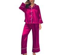 Chickwin Set Pigiama Donna Simile alla Seta Pigiami Due Pezzi a Maniche Lunghe Revers (Comodo Camicia e Pantaloni) con Bottoni, a Tinta Unita, Adatto per Tutto l’Anno