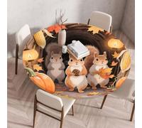 Chickwin Tovaglia Rotonda Antimacchia con Bordo Elastico, Tovaglie da Tavola Stampa Autunnale Zucca Scoiattolo Ringraziamento Copritavolo in Poliestere per Interno Eesterno (Stile 10,80cm)