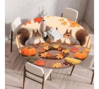Chickwin Tovaglia Rotonda Antimacchia con Bordo Elastico, Tovaglie da Tavola Stampa Autunnale Zucca Scoiattolo Ringraziamento Copritavolo in Poliestere per Interno Eesterno (Stile 5,70cm)