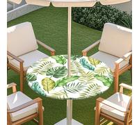 Chickwin Tovaglia Rotonda Esterno Impermeabile con Foro per Ombrellone e Cerniera, Tovaglie Piante Tropicali 3D con Bordo Elastico per Tavolo da Giardino, BBQ, Picnic e Feste (Verde 3,114-137cm)