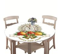 Chickwin Tovaglia Rotonda Stampata Natalizia 3D, Tovaglia da Tavola con Bordo Elastico Impermeabile Lavabile Copritavolo Decorazioni per Interno Cucina Esterno Giardino (130cm,Capodanno)