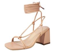 CHICMARK Sandali estivi sexy da donna, con tacco a blocco e pizzo aperto, design con lacci e diverse opzioni di colore, albicocca, 52 EU