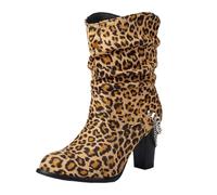 CHICMARK Stivali Chelsea da donna con catena in metallo, gambo da 20 cm, tacco grosso da 8 cm, per l'uso quotidiano, Lepoard, 35 EU