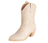 CHICMARK Stivali occidentali gambo corto | goffratura floreale | fodera in caldo pile | suola in gomma antiscivolo | Per inverno e tempo libero, beige., 48 EU