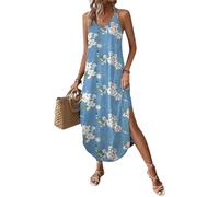 Chicrise Abito Lungo Donna Senza Maniche Vestito Spiaggia Estivo Casual Vestito con Cinturino e Spacco Blu Grand 42-44