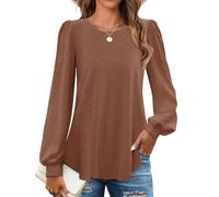Chicrise Camicia Donna Elegante Manica Lunga Blusa Girocollo Traforato Top A Sbuffo Casual caffè X-Grande 46-48 XL