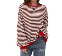 Chicrise Felpa Donna Sciolto A Strisce Magliette Maniche Lunghe Scollo Rotondo Pullover Casual Cotone Marrone Large 42-44