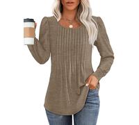 Chicrise Maglia a maniche lunghe da donna 2024, elegante, girocollo, maniche a sbuffo, tunica con pieghe, plissé casual, caffè, M