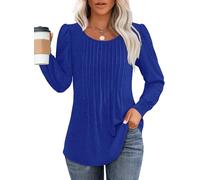 Chicrise Maglia a maniche lunghe da donna 2024, elegante, girocollo, maniche a sbuffo, tunica con pieghe, plissé casual, Blu, S