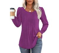 Chicrise Maglia a maniche lunghe da donna 2024, elegante, girocollo, maniche a sbuffo, tunica con pieghe, plissé casual, viola., M