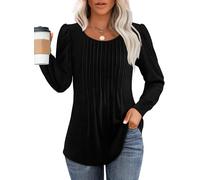Chicrise Maglia a maniche lunghe da donna 2024, elegante, girocollo, maniche a sbuffo, tunica con pieghe, plissé casual, Nero , M