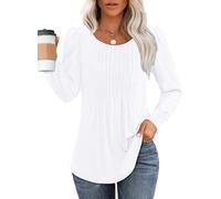 Chicrise Maglia a maniche lunghe da donna 2024, elegante, girocollo, maniche a sbuffo, tunica con pieghe, plissé casual, bianco, M