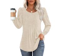 Chicrise Maglia a maniche lunghe da donna 2024, elegante, girocollo, maniche a sbuffo, tunica con pieghe, plissé casual, albicocca, M