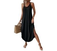 Chicrise Vestito Donna Elegante Lungo Abito Senza Maniche Prendisole Mare Taglie Forti Nero Piccolo 34-36