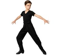 CHICTRY Abito da Ballo Latino Americano Bambini Ragazzi Top Danza Classica Elegante Camicia con Scollo a V + Pantaloni Vita Alta per Samba Rumba Salsa Nero 3-4 Anni