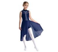 CHICTRY Abito da Danza Moderna Lirica da Bambina Strass Body da Pattinaggio Artistico Leotards con Spalle Scoperte Vestito da Balletto Jazz Latino Dancewear Blu A 13-14 anni