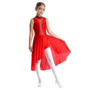 CHICTRY Abito da Danza Moderna Lirica da Bambina Strass Body da Pattinaggio Artistico Leotards con Spalle Scoperte Vestito da Balletto Jazz Latino Dancewear Rosso A 15-16 anni
