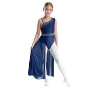 CHICTRY Abito da Danza Moderna Lirica da Bambina Strass Body da Pattinaggio Artistico Leotards con Spalle Scoperte Vestito da Balletto Jazz Latino Dancewear Blu scuro 11-12 anni