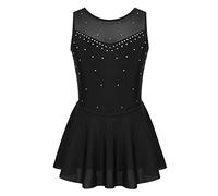 CHICTRY Abito da Pattinaggio Artistico Bambina Canotta Body con Rete Strass Glitter Smanicato Gonna in Chiffon Leggero Vestito da Skater Ballo Nero 15-16 Anni