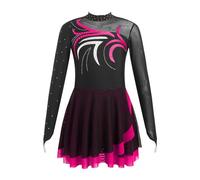 CHICTRY Bambina Abito da Pattinaggio Artistico sul Ghiaccio Ragazza con Strass Vestito da Balletto Danza Classica Patchwork Maniche Lunghe Pattinatrice Ballerina Concorso Gara Rosa S 11-12 Anni