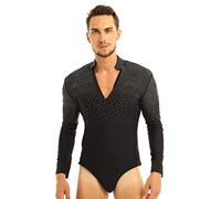 CHICTRY Body da Ballo Tango Valzer Abito da Latino Americano Uomo Camicia Manica Lunga con Strass Artistico Vestito da Danza Moderna Jazz Samba Rumba Costumi Prestazioni Nero L