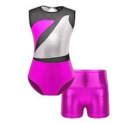 CHICTRY Body da Danza Classica Bambina con Pantaloncini Sportivi Lucida Tuta da Balletto Ginnastica Artistica Abito da Ballo Senza Maniche Body da Danza Sportiva Allenamento A Rosa caldo 11-12 anni
