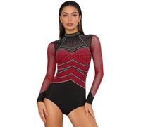 CHICTRY Body da Ginnastica Artistica Donna Metallico Lucido Bodysuit a Rete Leotards Manica Lunga Tuta Sportiva Jumpsuit da Ballo Jazz Danza Moderna Performance Borgogna D S