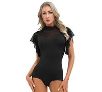 CHICTRY Body Donna Elegante Maniche Corte A Rete con Volant Bodysuit Leotard Danza Classica Body da Ballo Vestito da Balletto Latino Jazz Danza Moderna Dancewear Nero XL