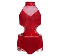 CHICTRY Body Ginnastica con Nappe Frange Bambina Paillettes Abito da Ballo Latino Americano Leotard Danza Classica Vestito da Jazz Rumba Salsa Performance Borgogna A 9-10 Anni