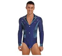 CHICTRY Camicia Body Uomo per Ballo Latino Americano Danza Standard Loetard Ginnastica Artistica Strass Body Danza Classica Costume Jazz Samba Rumba Salsa Blu scuro M