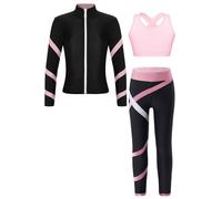 CHICTRY Completi Sportiva 3 Pezzi Bambina Giacca da Pattinaggio Paradice+Crop Top+Pantaloni Lunghi Leggings Tuta da Ginnastica Palestra Fitness Sportwear Pink 9-10 anni