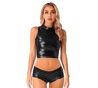 CHICTRY Completo Sportivo Donna Metallico Canotta Palestra Lucida Crop Top Aderente + Pantaloncini Sportivi Jogging Yoga Tuta da Ginnastica Danza Moderna Nero M