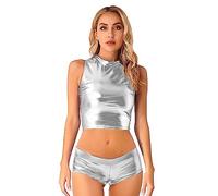 CHICTRY Completo Sportivo Donna Metallico Canotta Palestra Lucida Crop Top Aderente + Pantaloncini Sportivi Jogging Yoga Tuta da Ginnastica Danza Moderna Argento L