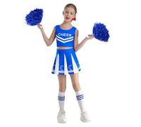 CHICTRY Costume Cheerleading Bambina Crop Top Minigonna a Pighe con Pom Poms Calzini Costume Carnevale Halloween Abito da Danza Jazz Hip Hop Competizioni Blu 5-6 anni
