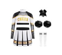 CHICTRY Costume da Cheer-leader Bambina Uniforme da Cheerleading Top Corto Manica Lunga con Gonna a Pieghe Pompoms Calze Fascia Completo per Carnevale Halloween Avorio A 15-16 anni