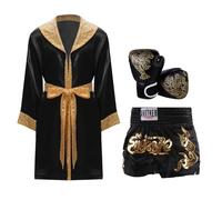 CHICTRY Costume da Pugile Abbigliamento Bambino e Ragazzo Accappatoio Boxe Cappotto + Guanti da Boxe + Pantaloncini per Allenamento Muay Thai Fight Shorts Nero B 9-10 anni
