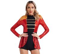CHICTRY Costume da Regista Circense Donna Vestito Domatrice Circo Ringmaster Jumpsuit Paillettes Leotards Maniche lunghe Costume Halloween Carnevale Teatrali Rosso XXL