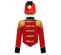 CHICTRY Costume da Ringmaster Bambina Bambino Giacca da Maestro di Circo con Nappe Cappotto Tail Coat con Cappello Uniforme da Soldatino Giocattolo Rosso 11-12 anni