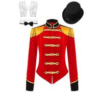 CHICTRY Costume Domatrice Circo Donna Giacca con Frange Showman 4 Pezzi Blazer Medievale Vintage + Cappello + Guanti + Collo a fiocco Uniforme Presentatore A Rosso M