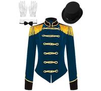 CHICTRY Costume Domatrice Circo Donna Giacca con Frange Showman 4 Pezzi Blazer Medievale Vintage + Cappello + Guanti + Collo a fiocco Uniforme Presentatore A Blu S