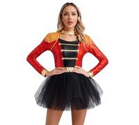 CHICTRY Costume Donna Domatrice Presentatrice del Circo Paillettes Leotard da Maestro di Circo Tutu Body da Danza Classica Balletto Cosplay di Carnevale Halloween Rosso XXL