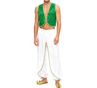 CHICTRY Costume Principe d' Arabia Uomo Veste Orientale con Elementi Dorati Cardigan Aperto Davanti + Pantaloni Bloomers Costumi di Fiaba Cosplay Carnevale Verde Bianco 3XL